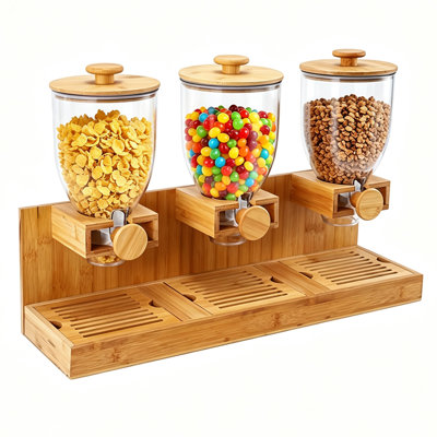 Triple Bamboo Cereal Dispenser with Airtight Lid, Countertop Dry Food Dispenser for Beans Snack Candy Nut Grain Oatmeal, Eco‑Friendly Cereal Container for Kitchen Pantry