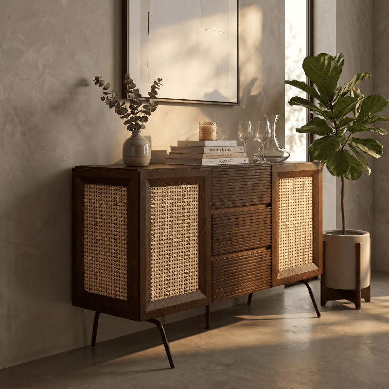  NTC Mossic Sideboard with 2 Doors and 3 Drawers, Buffet Cabinet with Natural Rattan and Metal Legs, Modern Storage Cabinet for Living Room, Dining Room, and Hallway, Effortless Assembly