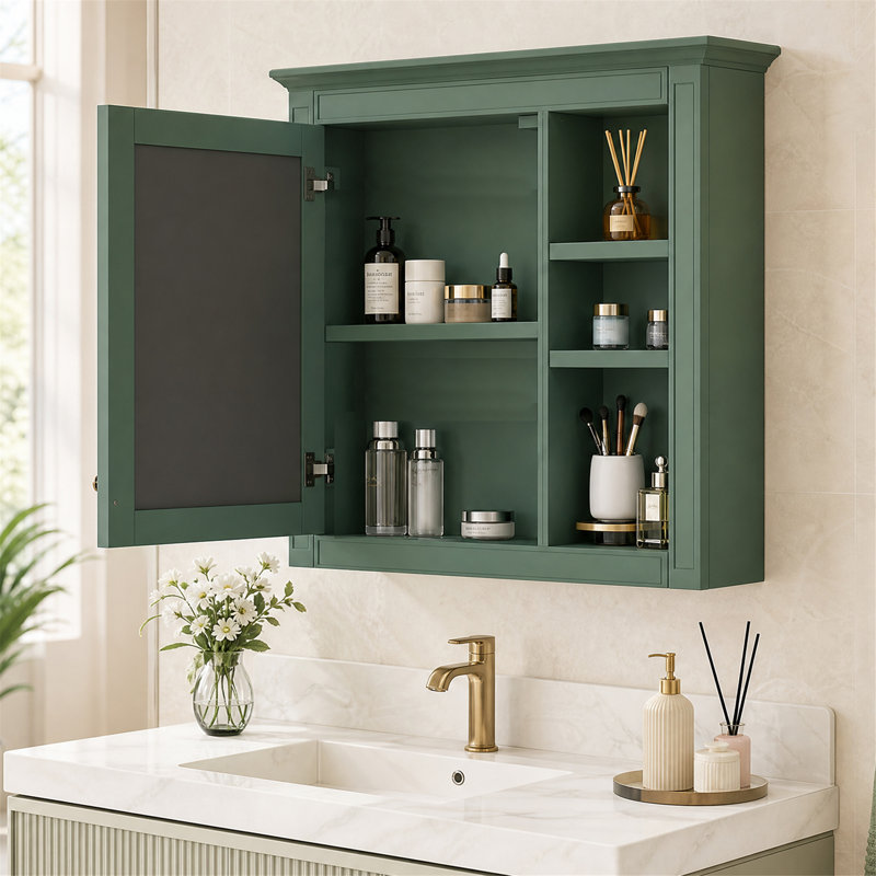 Armoire à pharmacie murale de 76 cm (30 po) avec miroir et 3 tablettes ouvertes, verte, Green