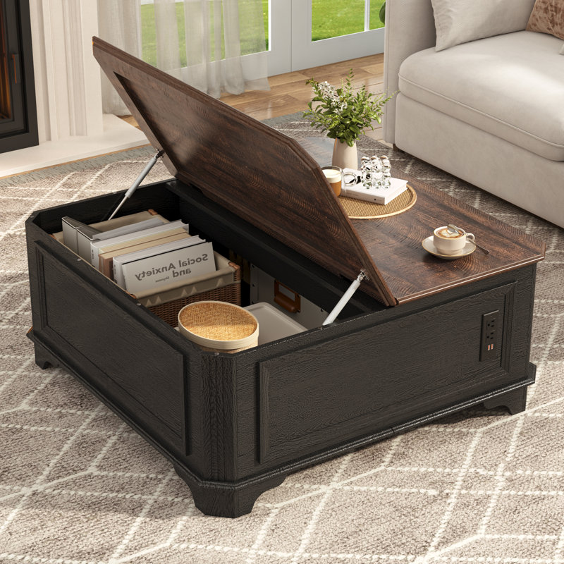 Table basse 40 po, table basse de rangement en bois avec plateau relevable, Brun, Noir