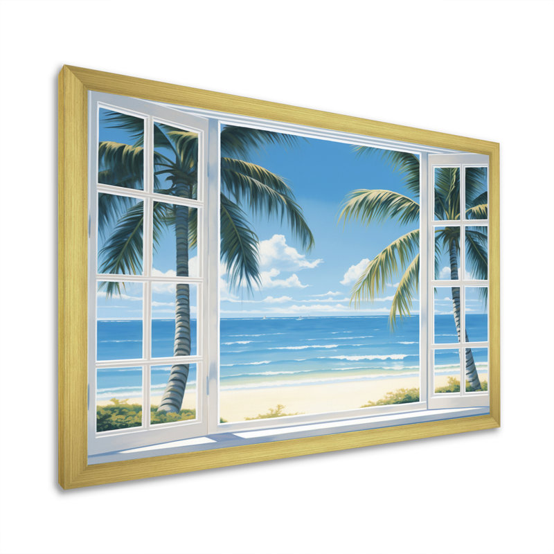 Vue sur l'océan par une fenêtre blanche ouverte I - art sur toile côtier, H 16 po x l 32 po x P 1 po, Cadre photo doré simple