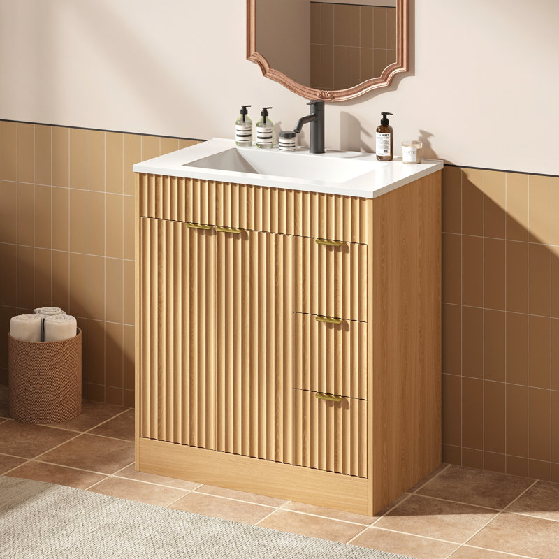 Meuble-lavabo simple en bois avec tiroirs Adonia, 30", Beige