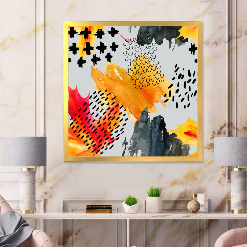Feuille d'érable grunge sur fond gris - peinture sur toile, H 16 po x l 16 po, Cadre flottant doré