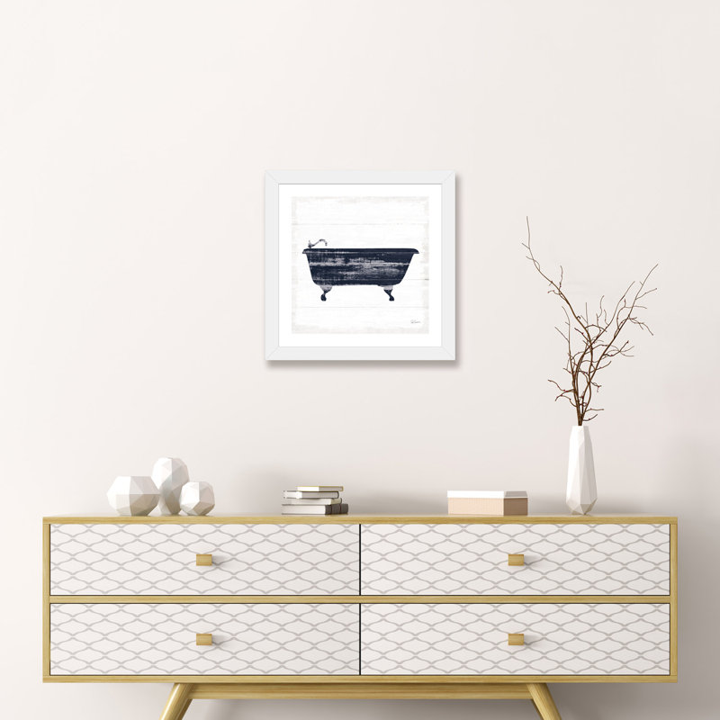 «Shiplap Bath I Navy» par Sue Schlabach - impression, Papier encadré blanc, H 16 po x l 16 po x p 1 po