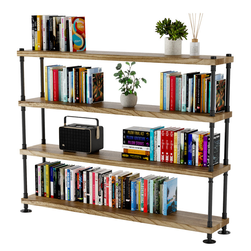 60 Inch Long Bookcase With Pipe Brackets, 11.25" Deep And 1.5" Thick Real Wood Shelves, Pipe Bookshelves For Home Organization, Industrial Shelving Unit, Farmhouse & Boho Decor, 4 Tier, Burnt