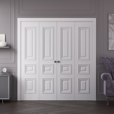 Portes coulissantes doubles pliantes | Émail blanc IM33 1833 | Ensemble de quincaillerie pour moulures robustes | Portes de garde-robe de chambre en bois massif