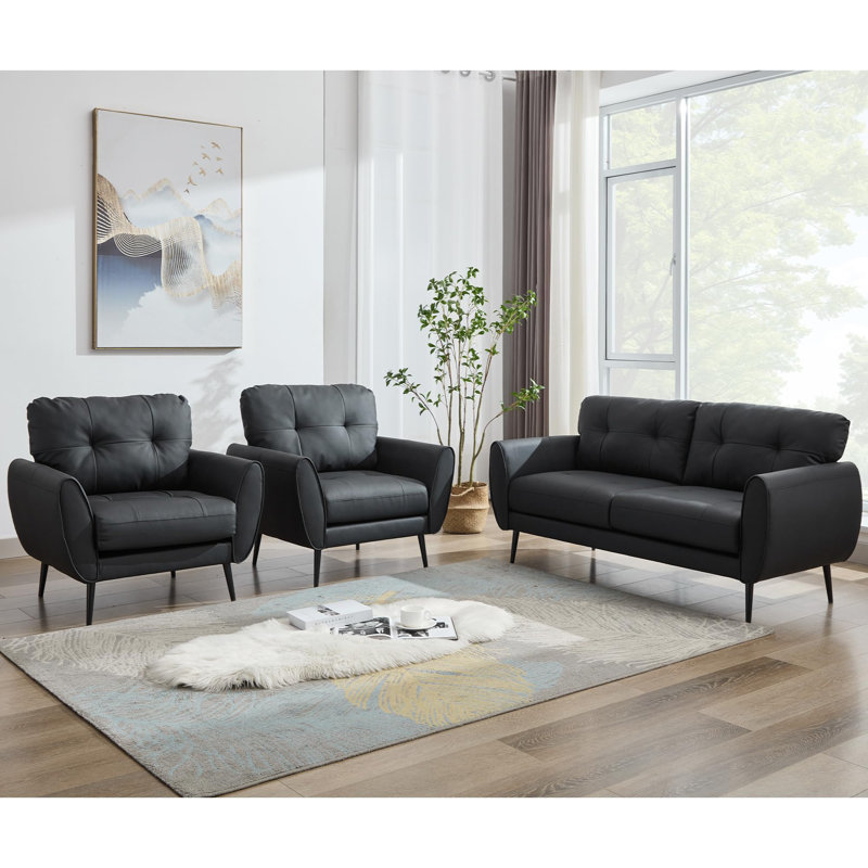 3 - Piece Faux Leather Living Room Set, Black