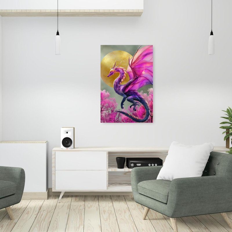 «Vibrant Dragon Golden Moon Elegant Ethereal Vibrant Cherry Animal Nature», art mural, 36" H x 24" W