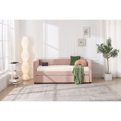 Twin Size Upholstered Daybed With Trundle,USB Port ,Side Pockets, Modern V-Grained Backrest Design,No Box Spring Needed, For Bedroom, Guest Room ( Pink, Twin)
