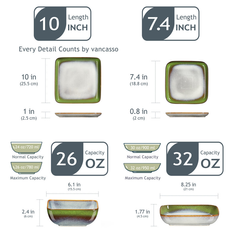 Stoneware Dinnerware - Set of 16, Gradient Green