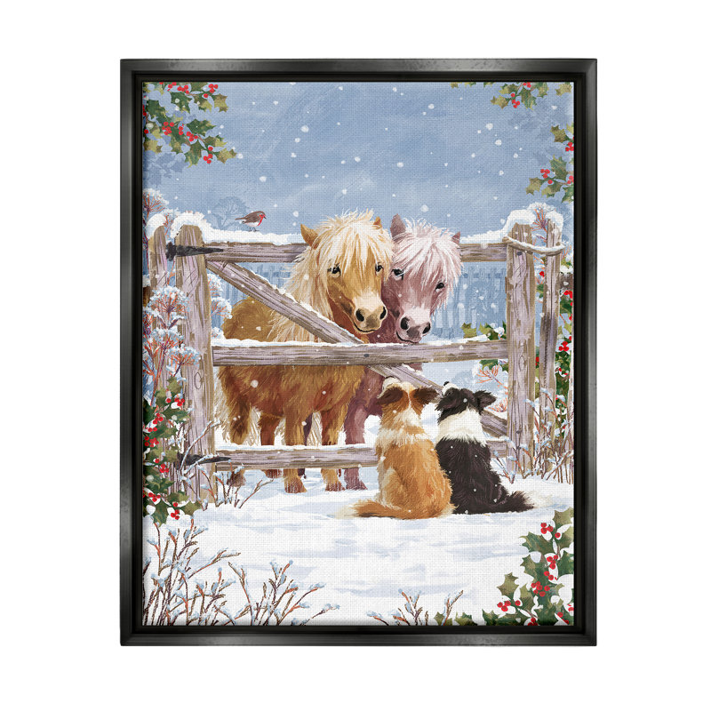 «Poneys & Dogs Winter Farm Scene» par Pip Wilson, peinture, H 21 po x l 17 po x P 1,7 po, Cadre flottant noir de jais