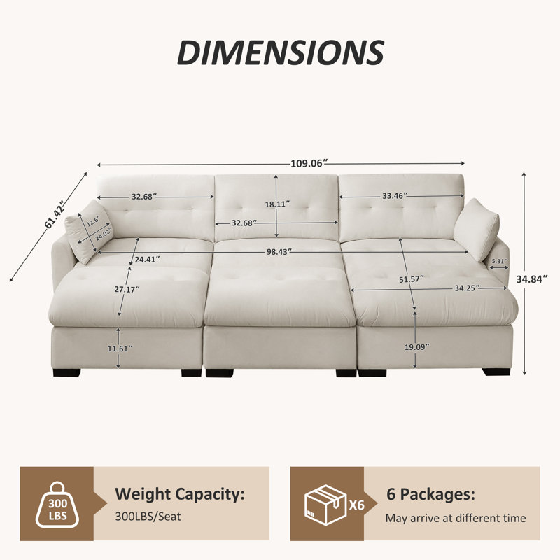 109.06'' Modular Upholstered Sectional Sofa Couch, Beige