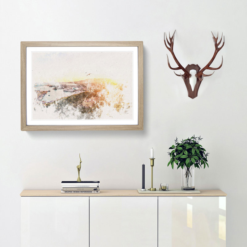 Malaga Skyline in Spain Watercolour - Picture Frame Graphic Art Print, Oak Framed, 45cm H x 63cm W x 2cm D