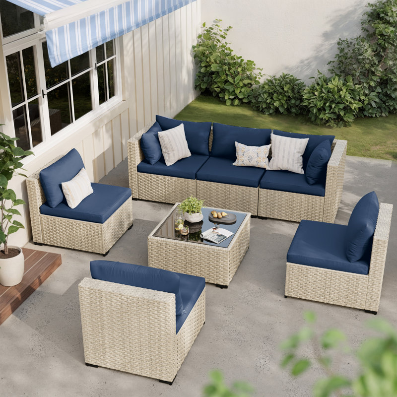 Ensemble de conversation de patio 7 pièces avec table basse et coussins, Marine