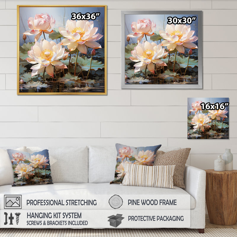 " White Yellow Lotus Romantic Impression ", Black Picture Framed, 16" H x 16" W x 1" D