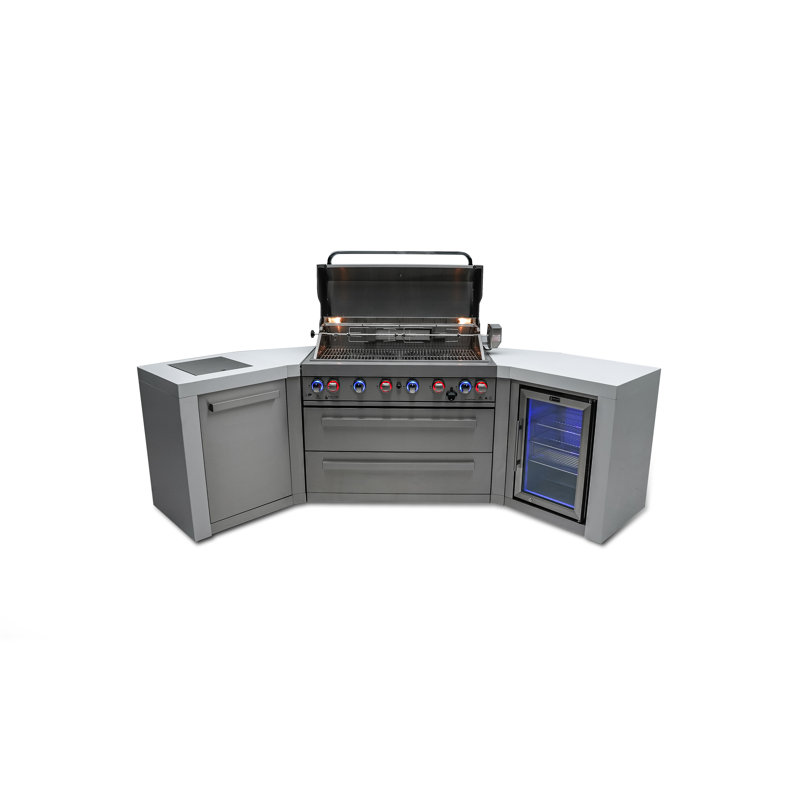 Mont Alpi 6-Burner 45-Degree Deluxe Stainless Steel Outdoor Island Grill with Compact Refrigerator