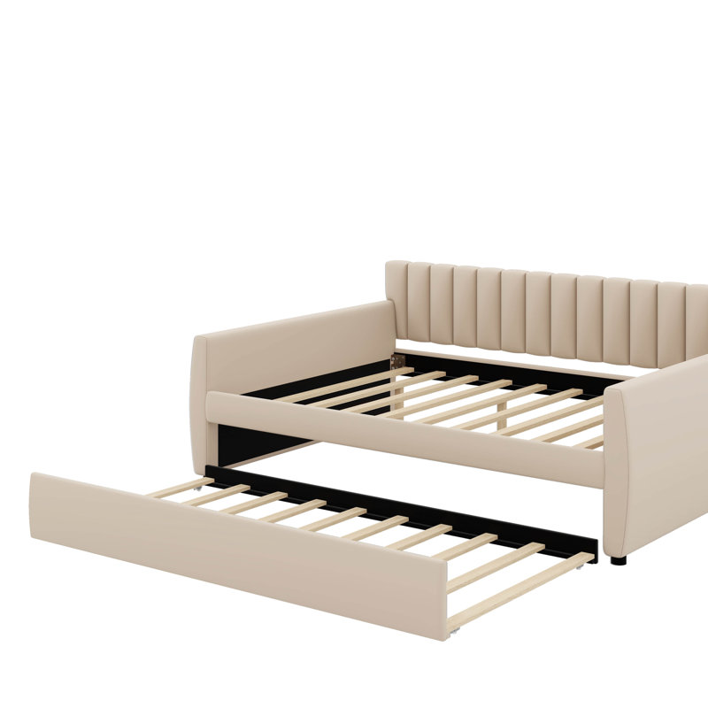 Full Size Upholstered Daybed With Trundle, Beige