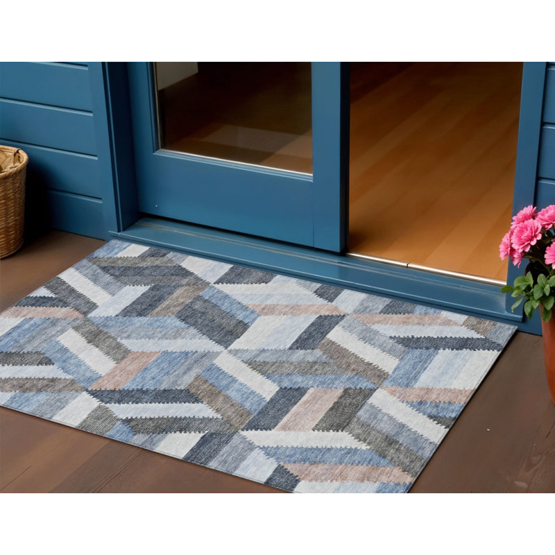 Tapis d'intérieur lavable à motif géométrique bleu 3 pi x 5 pi