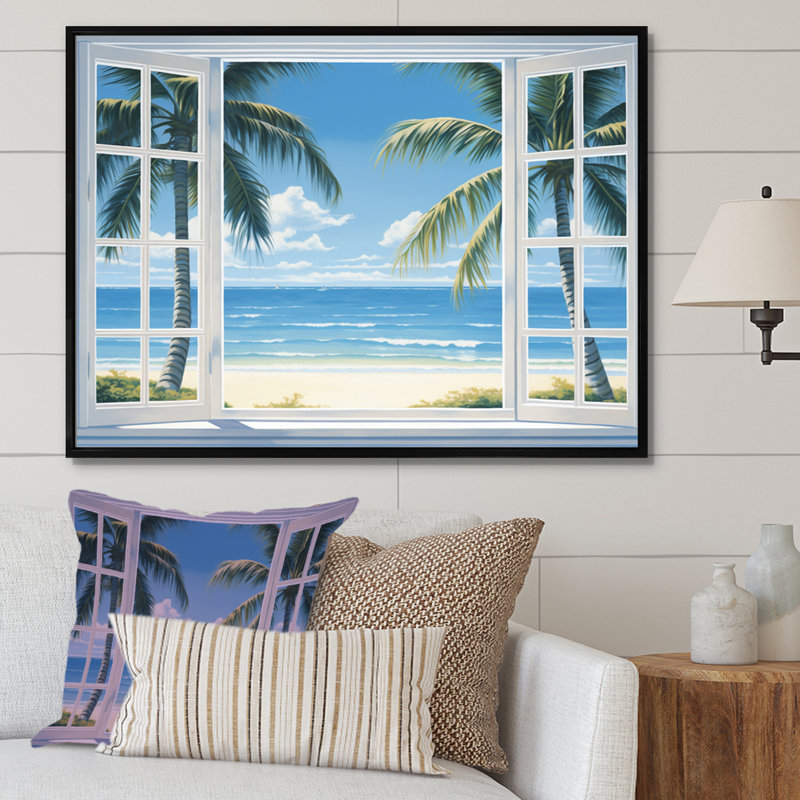 Vue sur l'océan par une fenêtre blanche ouverte I - art sur toile côtier, H 12 po x l 20 po x P 1 po, Cadre flottant noir