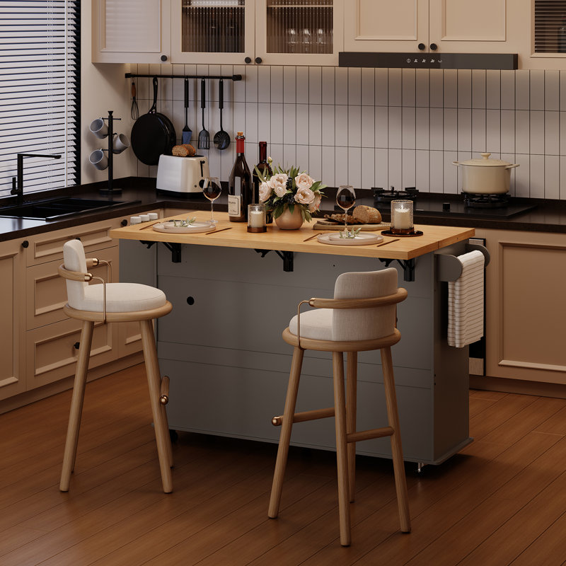 Jamera 60.2"W Kitchen Island with Two Large Storage Cabinets And Drawers, Locking Wheels, Oak/Gray