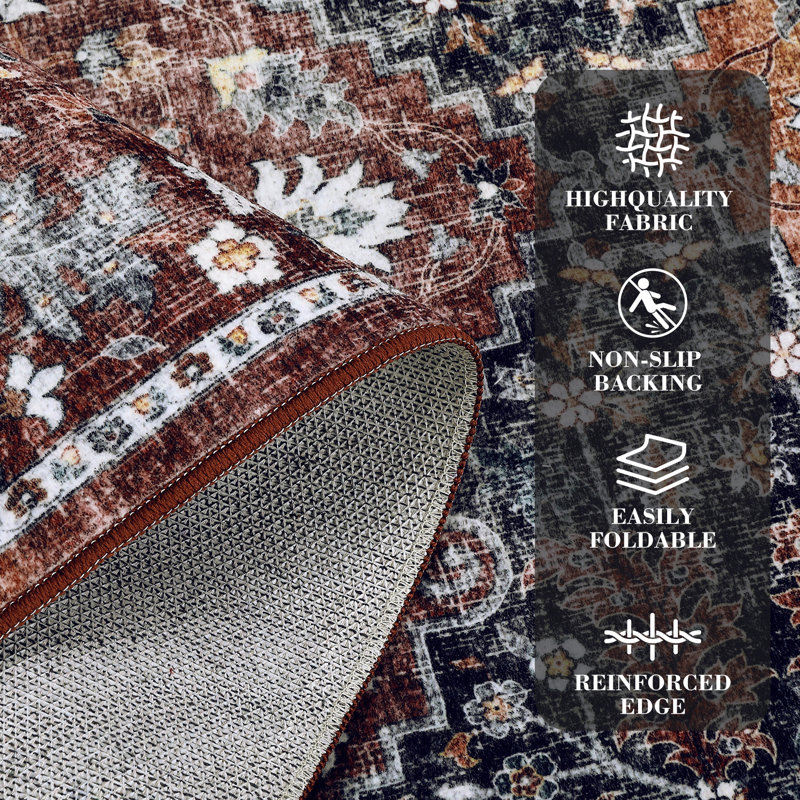 10x13 Machine Washable Floral Area Rug, Vintage Symmetrical Centerpiece Design, Stain Resistant and Easy to Clean, Reinforced Edges and Backing for Living Room, Bedroom, Entryway - Brown/Red