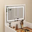 Bureau de coiffeuse compact avec miroir à DEL rabattable, tiroir en verre et tabouret de rangement caché