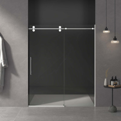 Porte de douche sans cadre, porte de douche coulissante, avec cabine de douche en verre trempé épais de 3/8 po (10 mm) de qualité supérieure, revêtement double face facile à nettoyer avec tampon