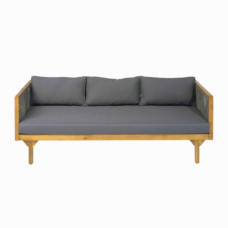 Outdoor Patio Sofa With Cushion & Rope, Acacia Wood Teak Finish, Water Repellent Fabric For Garden, Deck, Backyard, Dark Gray