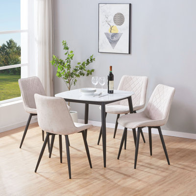 Aspen Sintered Stone Square Table with 4 Diamond Stitch Upholstered Fabric Chairs - Modern Dining Set