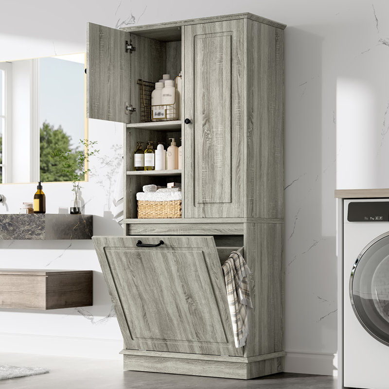 Fleurine 68'' H Bathroom Cabinet with Tilt-Out Laundry Hamper,Modern Linen Cabinet with Adjustable Shelf,Freestanding Style