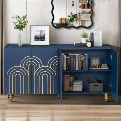 Armoires | Buffet de rangement cannelé à 4 portes avec tablettes réglables, bleu marine, pour la cuisine | Moderne | Panneau de fibres à densité moyenne