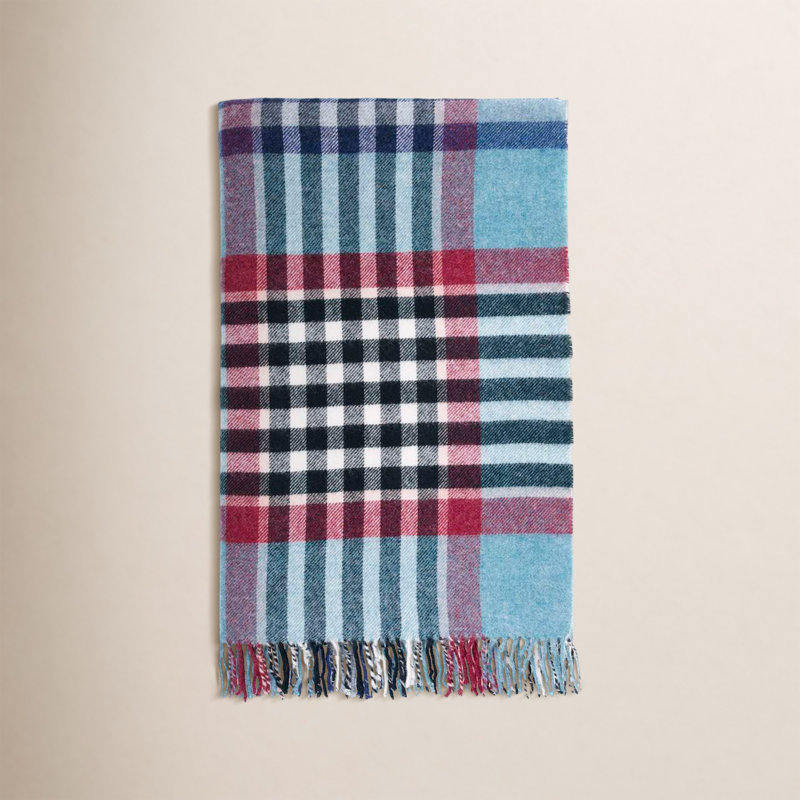 Shetland Wool Throw/Blankets Hand Woven Blanket, Blue/Gray/Red Geometric