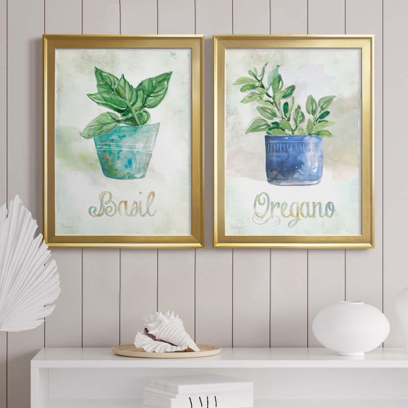 Basilic en pot - Ensemble de 2 peintures sur toiles, H 22,5 po x l 61 po x P 1,5 po, Toile avec cadre doré