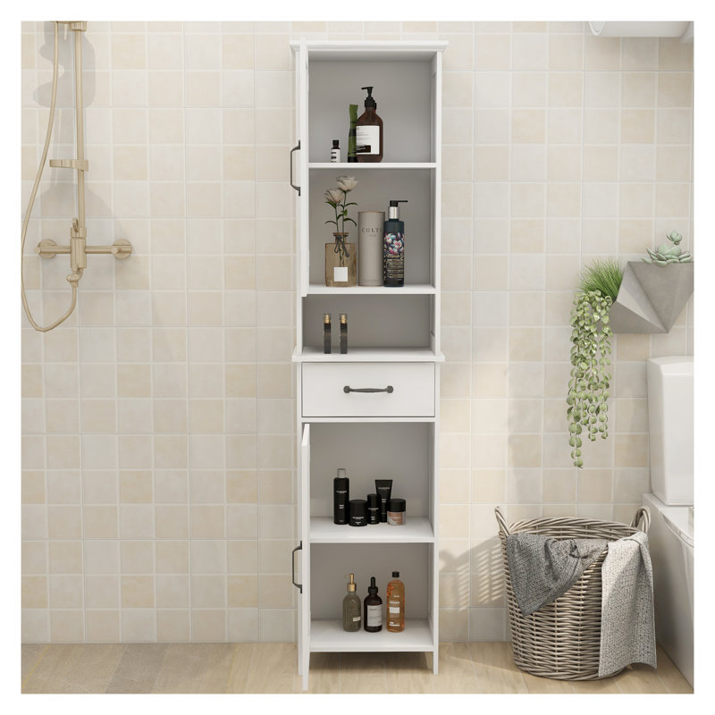 Armoire sur pied mince à double porte - Armoire de rangement étroite en panneau de fibres à densité moyenne blanche pour la salle de bain et le vestibule - Organisateur de maison compact