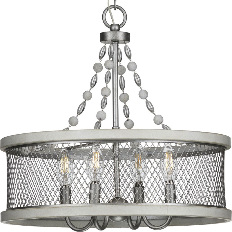 Lustre tambour 4 lumières à abat-jour millgraps, Nickel brossé