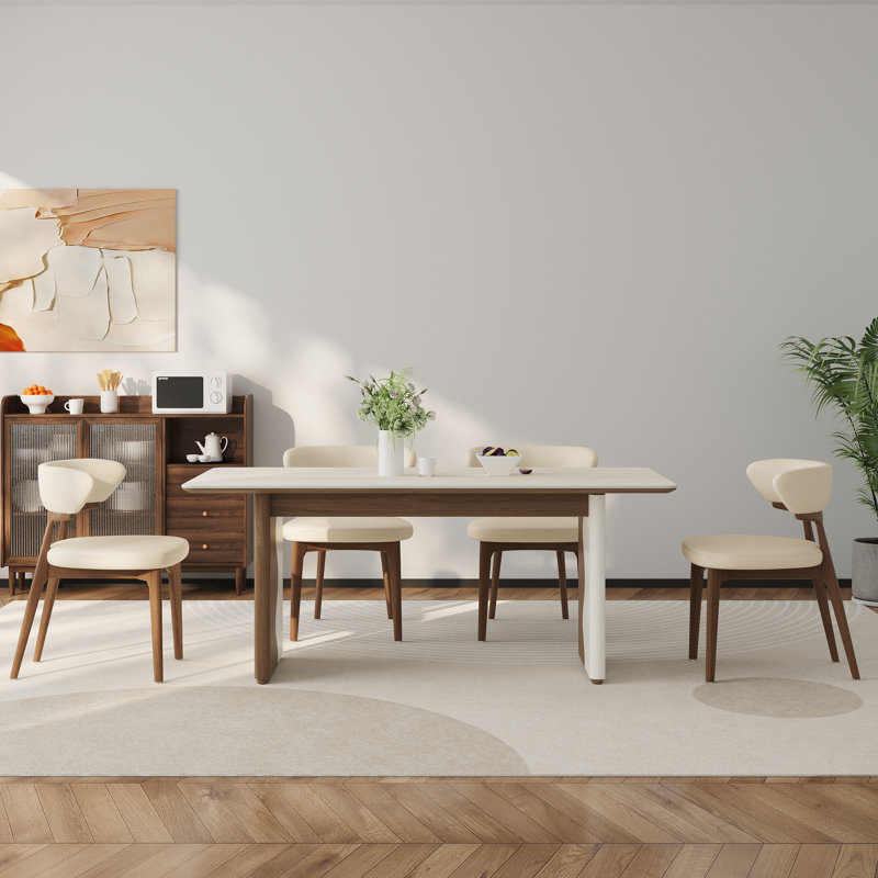 5-Piece Rectangle Dining Table Set For 4-6 People,63" Stone Tabletop Dining Table With 4 Modern Faux Leather Dining Chairs