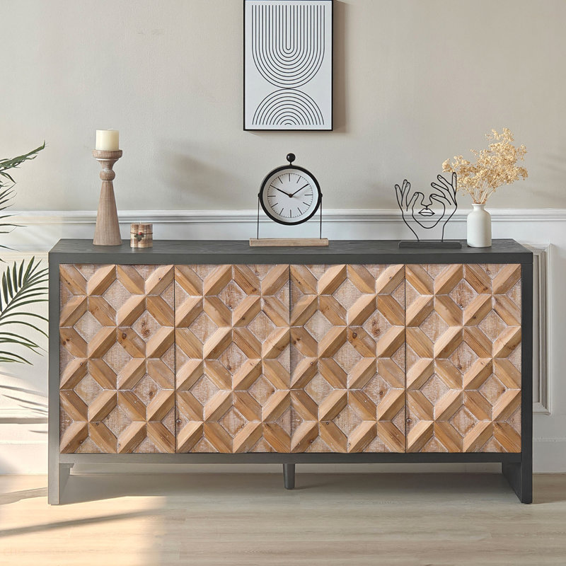 Rustic 4-Door Wood Cabinet with Geometric Pattern