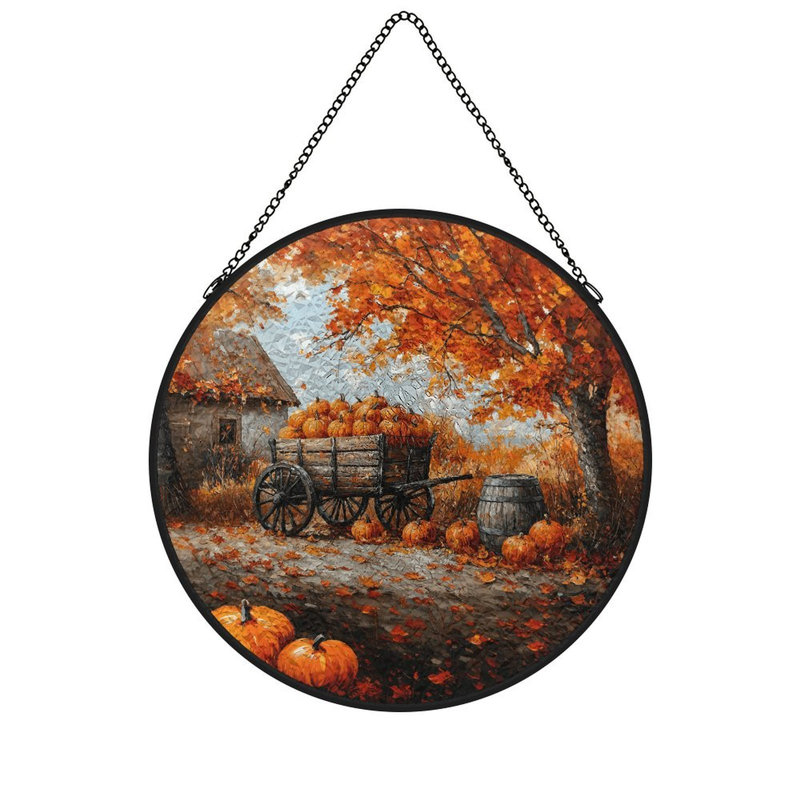 Panneaux de vitrail d'automne Autumn Pumpkins Farm Wagon, 11,8 x 11,8 po (30 x 30 cm)