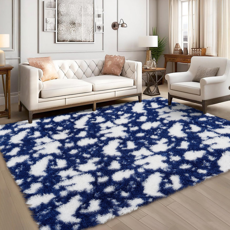 10x13 Rugs for Living Room Blue Shaggy Area Rug Nonslip Rubber Backing Modern CowRugs Luxury Shag Carpet Home Decor Rug for Kids Room