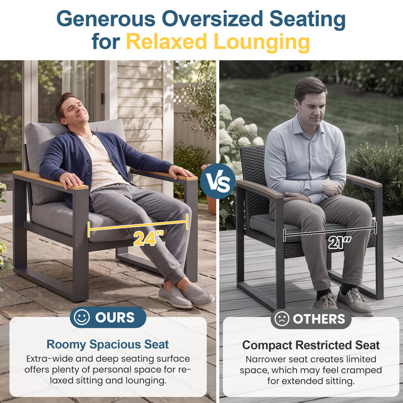 Ensembles de mobilier de patio en aluminium avec sièges surdimensionnés, ensemble de mobilier d'extérieur pour toutes les saisons, ensembles de conversation d'extérieur avec accoudoirs en bois doux au toucher