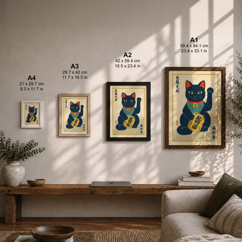 Beckoning Fortune Cat Japandi - Framed Print, A1 - 84.1 x 59.4 cm, Black