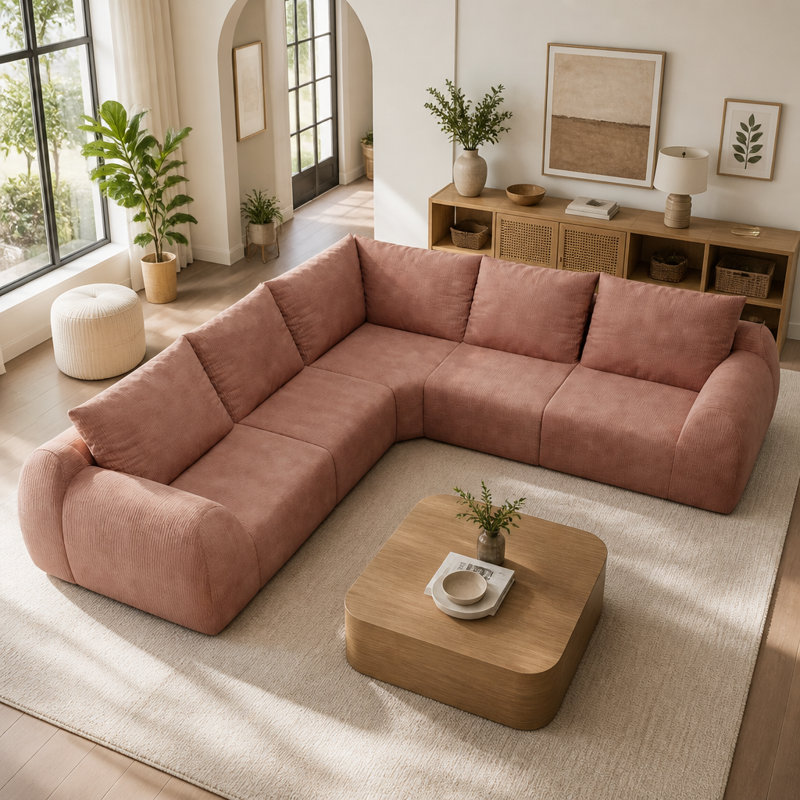 Canapé d'angle modulaire en forme de V, 5 places, 105 pouces, chenille rose, comprimé sous vide, pour salon
