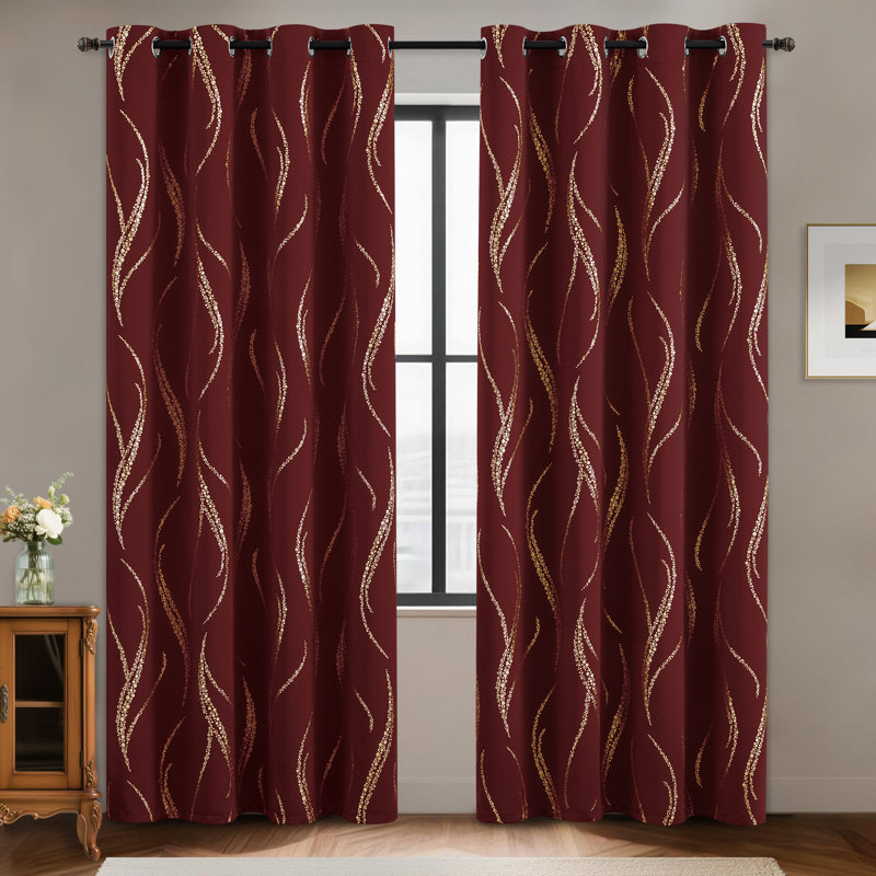 100% Blackout Thermal Insulated Curtains - Wave Line with Dots Gold Print, Grommet Top, 2 Panels, Red, 52" W x 96" H