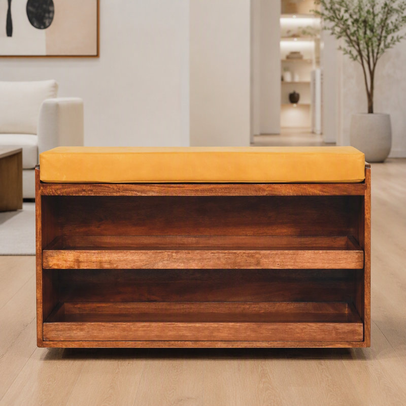 Banc de rangement escamotable en bois massif avec peau de bison et caramel miel, 2 tablettes, jaune et brun foncé