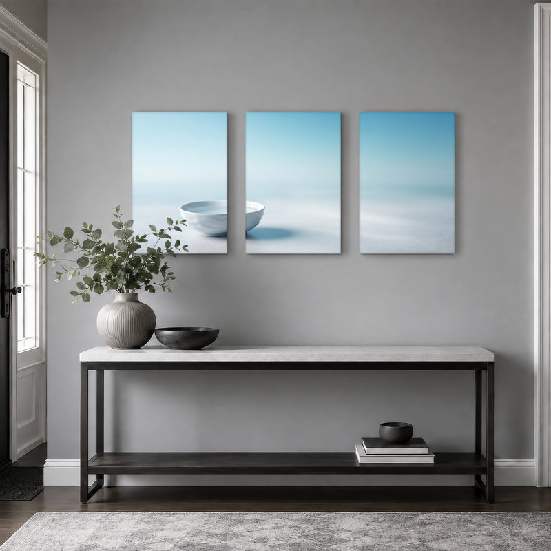Ensemble de 3 toiles blanches sur fond bleu clair, H 30 po x l 20 po x 3 pièces
