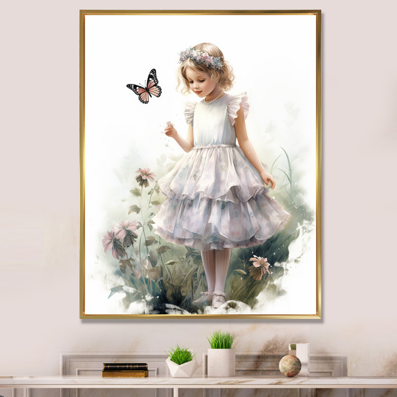 Jeune fille avec des papillons pastel rétro I, Cadre flottant doré, H 32 po x l 16 po x P 1 po