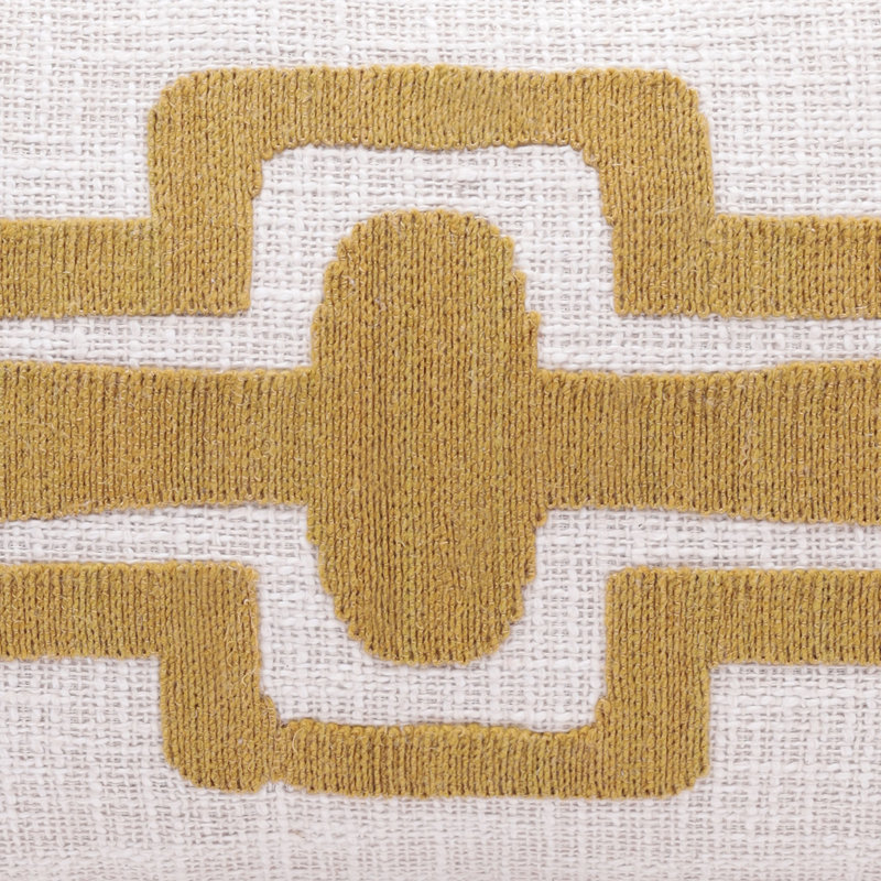 Ochre and Ivory Geometric Embroidered Rectangular Cotton Blend Pillow