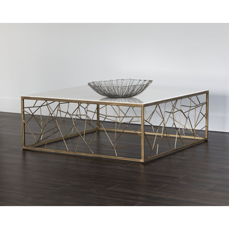 White Marble and Bronze Square Coffee Table