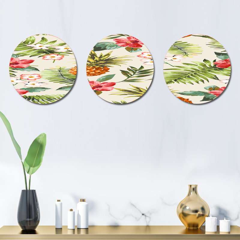 Ensemble de 3 décorations murales ananas rétro avec fleur tropicale