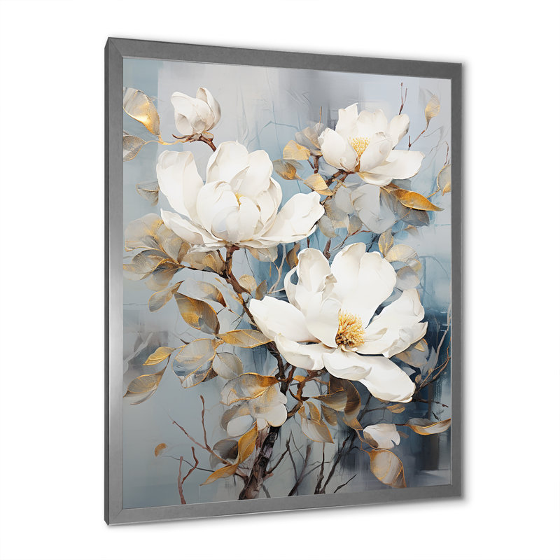 Minimalisme Magnolias sur toile, Cadre simple argenté, H 44 po x l 34 po x P 1,5 po